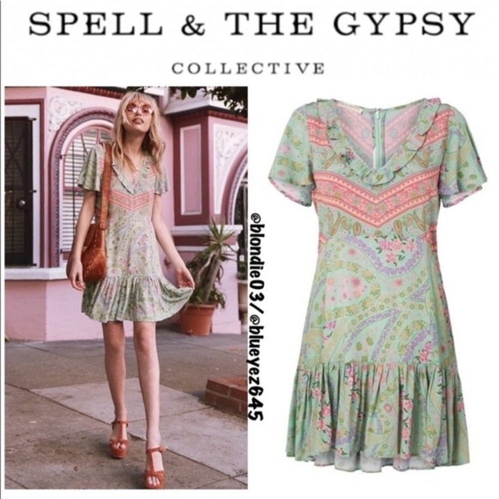 Spell & Gypsy Collective City Lights Mini Dress in Sage M